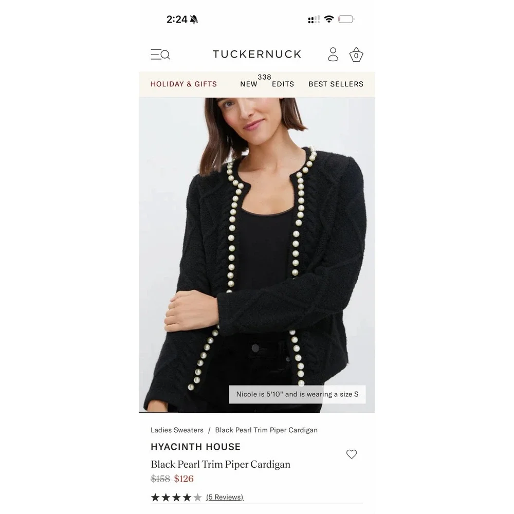 Tuckernuck Hyacinth‎ House, Black Pearl Trim Piper Cardigan, Size Medium